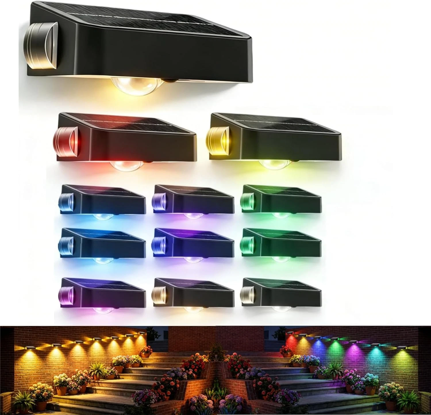 12 Pack Solar Waterproof Fence Lights - 12 Modes RGB LED for Outdoor Decor