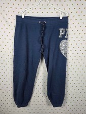 Victorias Secret PINK BLING vintage Sequin Heart Blue Joggers Sweats sweatpants