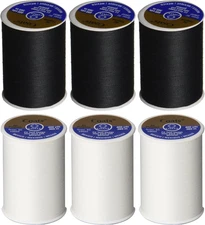 6 Pack Bundle - (3 Black + 3 White) - Coats & Clark Dual Duty All-Purpose Thread
