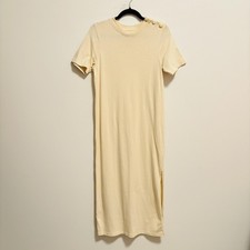 Sezane Dress Womens Small Cream Organic Cotton Quiet Luxury Midi Button Slit