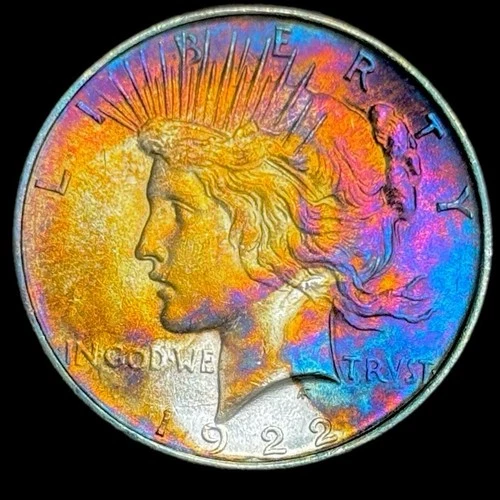 Peace Silver Dollar 1922 Uncirculated 90% Silver Monster Rainbow Toning