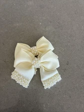 Cream W/ Faux Pearls Crocodile Clip Hair Bows 2 Pc Set | New W/ Fast Shipping!