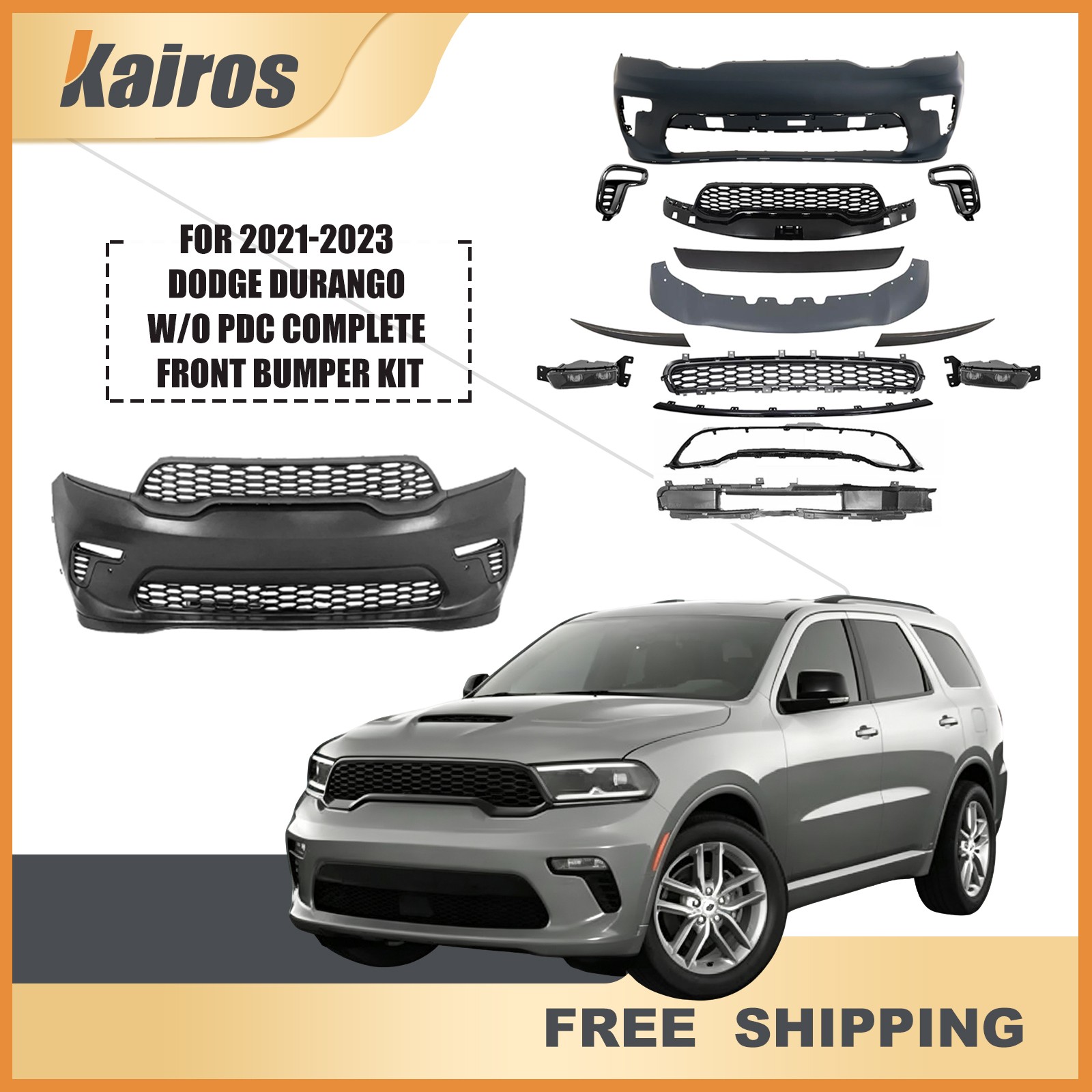 Complete Front Bumper Grille Fog Light Kit For 2021-2023 Dodge Durango W/O PDC