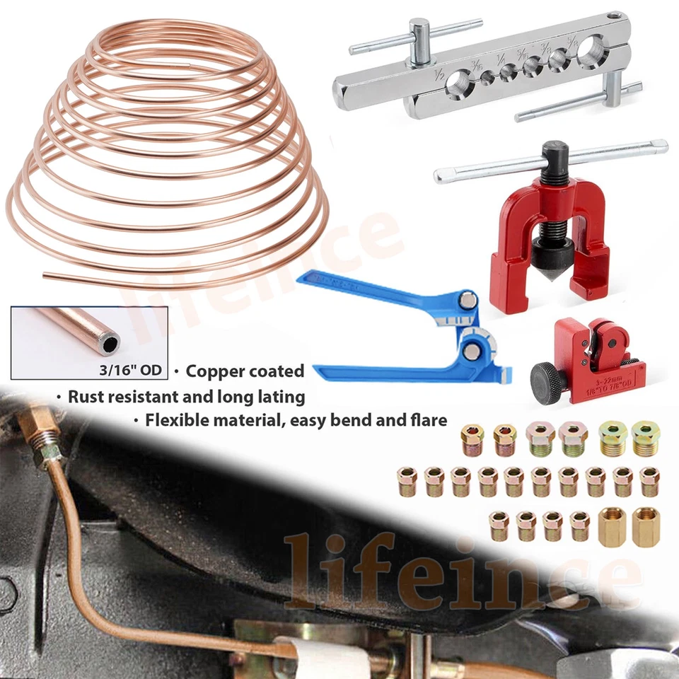 Copper Coated Brake Line 3/16 25FT & Flaring Tool + 22 Nuts Fittings Repair Kit Foto 2 de 4