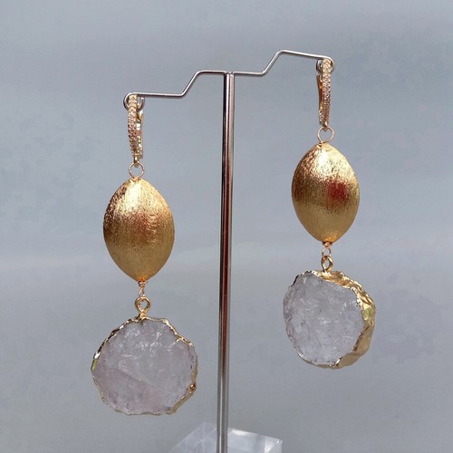 Clear Quartz Rough Raw Coin Shape Gold Plated Brushed Bead Dangle Stud Earrings - Picture 6 of 6