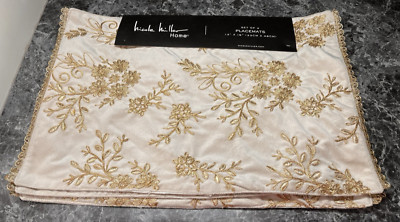 Nicole Miller Embroidered Floral Motif Gold Light Taupe Fabric Placemats Set of4