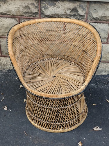 Wicker Barrel Chair Bamboo Cane Style Rattan 1970s Woven 27" Tall Sturdy - Picture 18 of 24