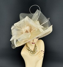 M22020 Champagne Kentucky Derby Church Wedding Wide Brim Sinamay Dress Hat