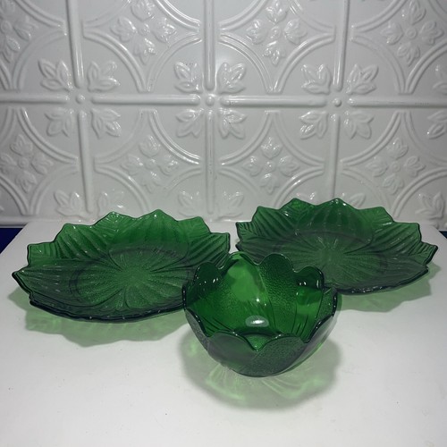 VTG Anchor Hocking Forest Green Glass Lotus Leaf Blossom 2 Plates, 1 Bowl - Bild 4 von 15