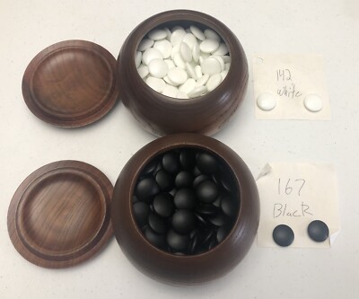 Japanese Go Stone Goishi Game Pieces Vtg Igo Brown Wooden Bowls