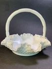 Vintage Fenton Milk Glass Hobnail Basket–Ruffled Edge,Repaired Handle,Sold As Is
