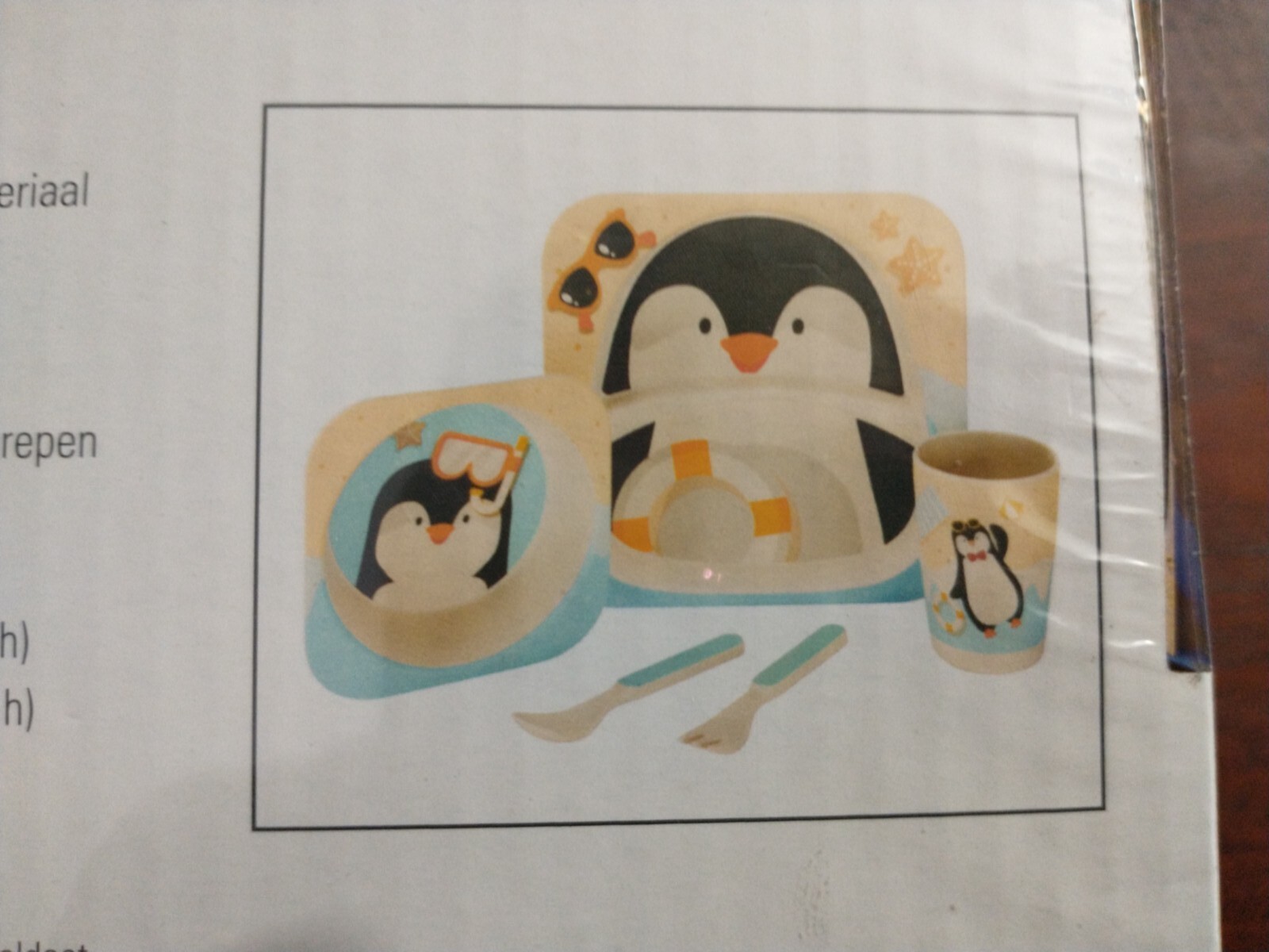 ERNESTO Bamboo Kids 5Pcs Tableware Set PENGUN Stylized Bowl, Plate, Cup