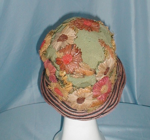 Antique 1920 Hat Cloche Flapper Hat Blue Silk Unique Straw Flowers Trim - Picture 5 of 9
