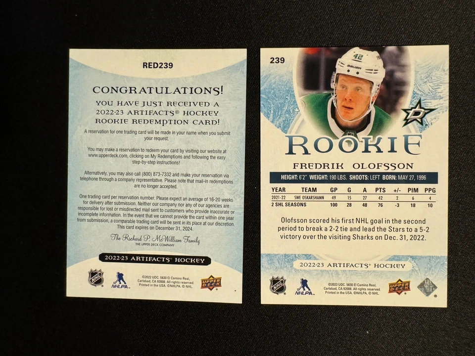 2022-23 UD Artifacts Fredrik Olofsson Rookie #239 Emerald 33/99 Dallas Stars - Image 2 of 2