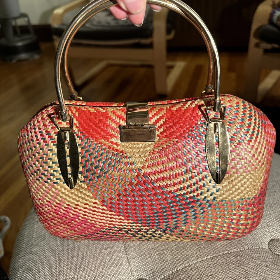 Bolso de Mano Vintage BEQUIZO Multicolor Estuche Rígido Buntal Buri Paja 1960 FILIPINAS Foto 3 de 4