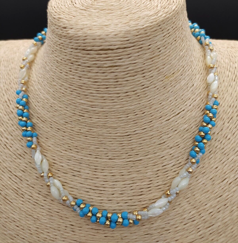 Collier Vintage Ethnique - Étain Argenté Et Pâte De Verre Turquoise - Longueur 41 Cm - Occasion