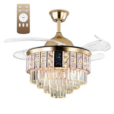 42" Gold Crystal Retractable Ceiling Fan with Lights and Remote,Music Chandel...