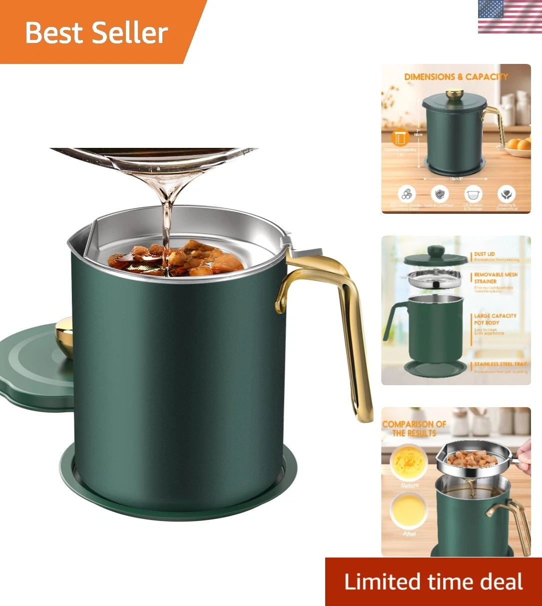 Versatile Oil Strainer Pot - 2L Stainless Steel with Tight-Fitting Lid and Tray