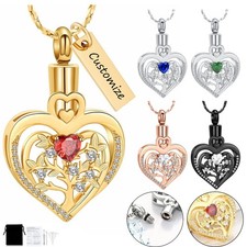 Family Tree Hearts Urn Pendant Cremation Jewelry Ashes Keepsake Memory Necklace