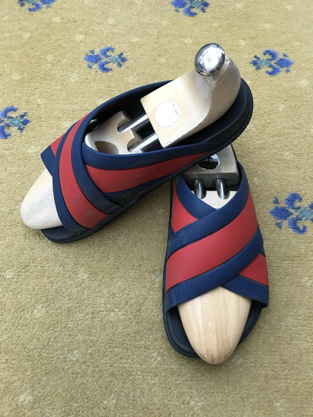 Gucci Sandales Chaussures Slider Slide Bleu Rouge Toile Caoutchouc Agrado Homme UK 7 US 8 EU 41
