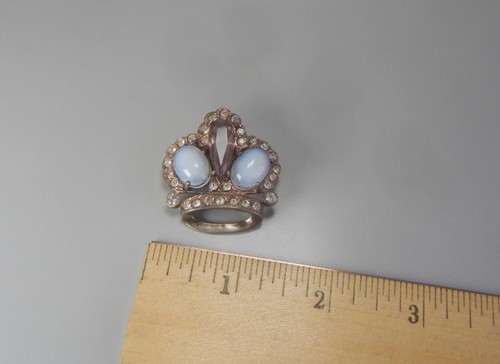 Broche corona vintage años 40 plata esterlina vidrio piedra lunar estrás prendedor - Imagen 6 de 6