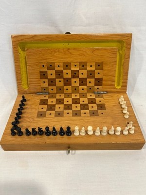 Vintage Wooden Travel Chess Set Board Game Foldable Pegged Pieces mini