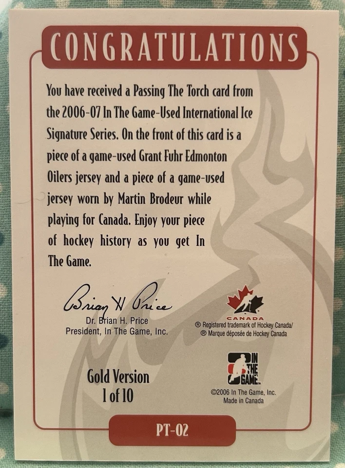 FUHR BRODEUR 2006-07 In The Game International Ice Passing The Torch Gold 1/10 Foto 2 de 2