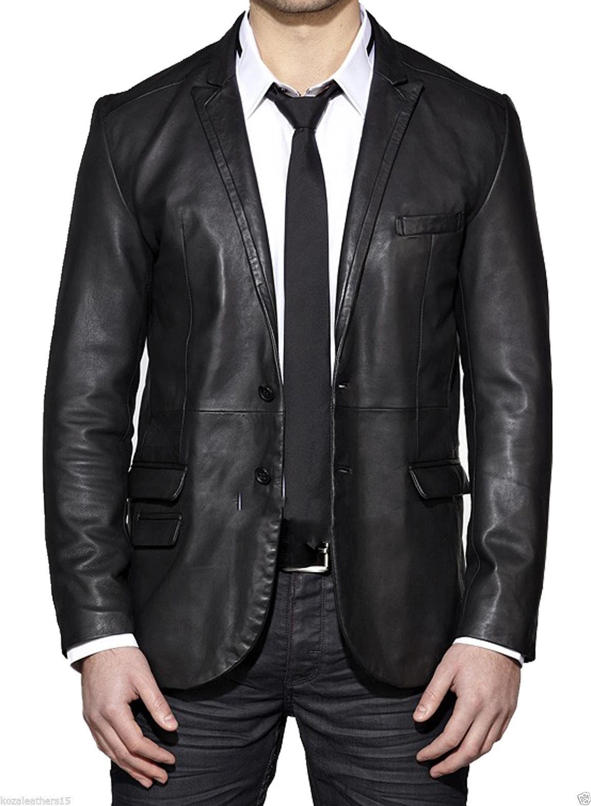 Leather Blazer Jacket Men's Coat Lambskin Soft Men Two Real Button 100% Black 85