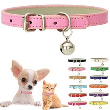 Pink XXS Cat Collar with Bell, Soft Pu Leather Puppy Collars Adjustable Buckl...