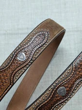 vintage ARIAT buckle belt TOOLED studded 36 brown WESTERN cowhide leather RODEO