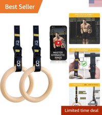 Wood Gymnastics Rings with Quick Adjust Numbered Straps and Exercise Videos G...