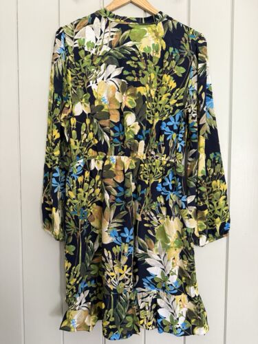 J. Crew Dress M Medium Navy Blue Green Floral 100% Silk Ruffle Hem H6295 - Picture 5 of 6