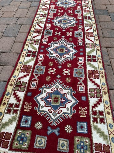 Brandneu Bunt Tribal Läufer Handgefertigt in Indien, Geometrisches Kasachisches Design, 3x8 - Bild 15 von 24