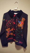 Vintage New Year Y2K Cardigan Sweater w/ Bears - Ashley Hill - Large L - Black