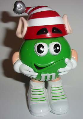 4'' green M&M candy holder dispenser red white stripe silver bell hat elf ears