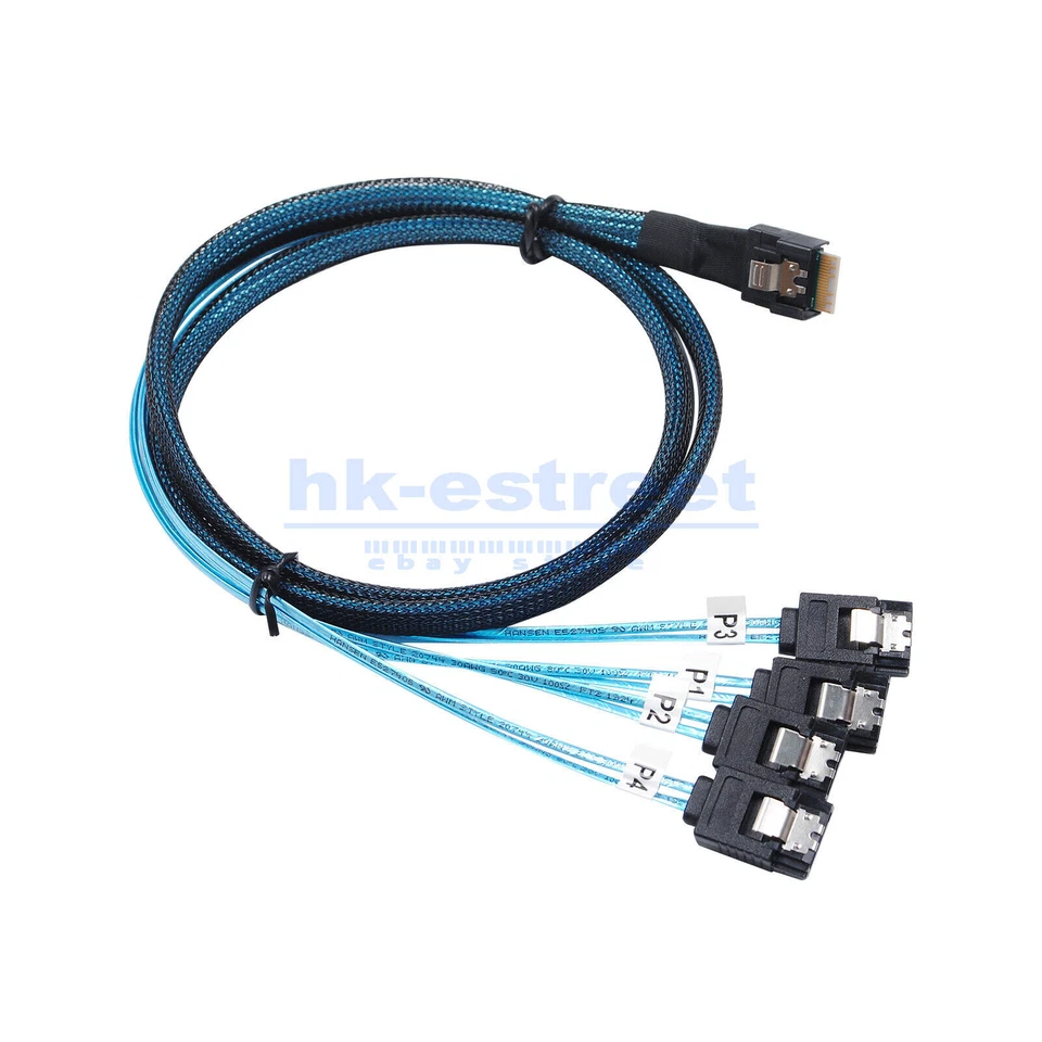 Slim Line SAS 4.0 SFF-8654 4i 38pin auf 4 SATA Festplatte Fanout Raid Kabel 50cm - Bild 2 von 4