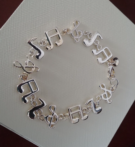 Woman's Sterling Silver 925 Music Note Treble Clef Charm Chain Bracelet 20cm 8" - Picture 3 of 14