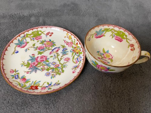 Mintons Tea Cup & Saucer Pink Aqua Flowers Bird Border England Vtg - Picture 2 of 9