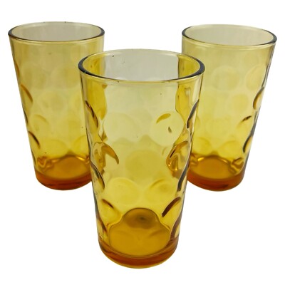 Hazel Atlas Eldorado Optic Dot Tumblers Glasses Set of 3 MCM Amber Gold 5.25''
