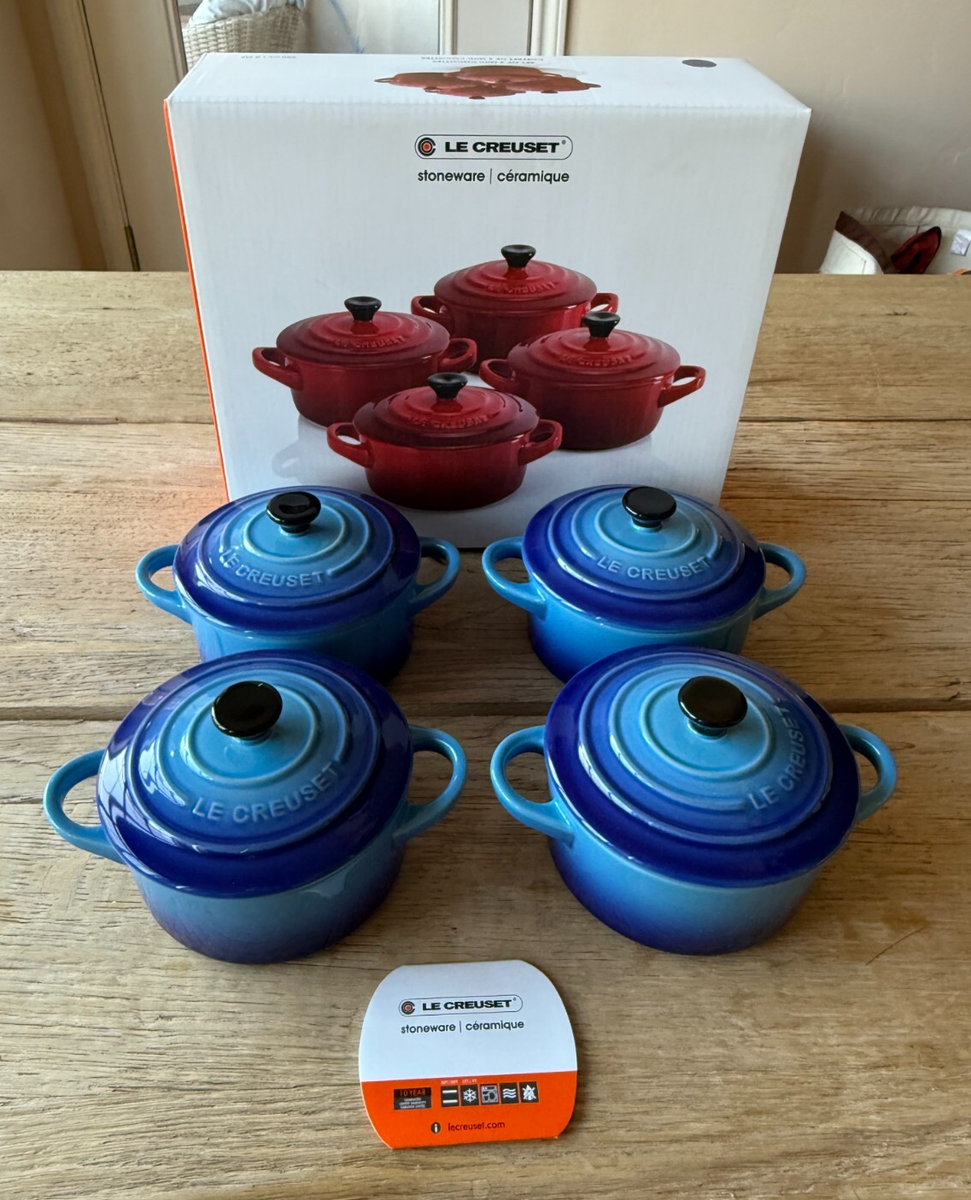 LE CREUSET 陶器製調理器具 Le Creuset Stoneware 8 oz Mini Cocotte Round Set of 4 Azure