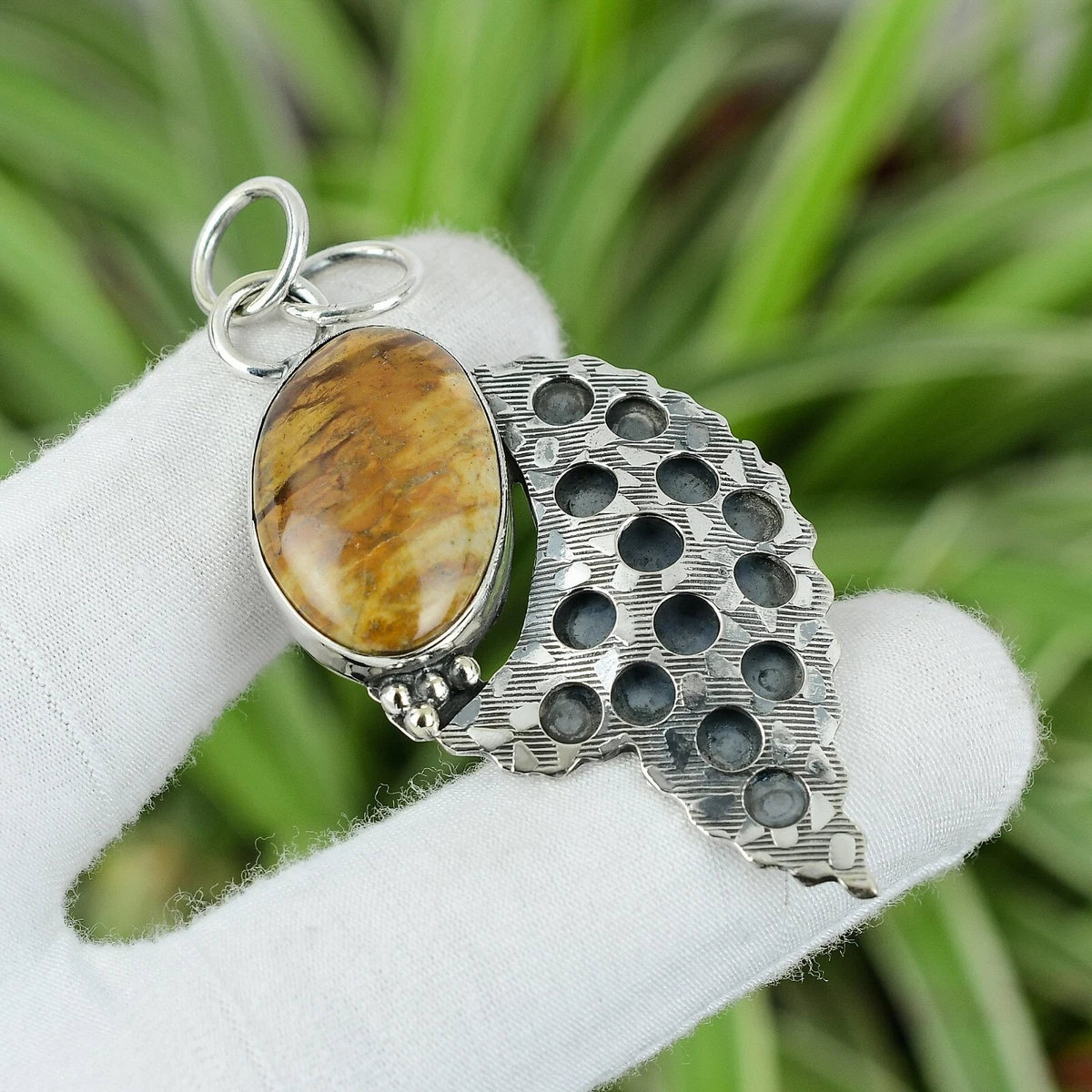 Natural Petrified Wood Gemstone Pendant Brown 925 Sterling Silver Indian Jewelry