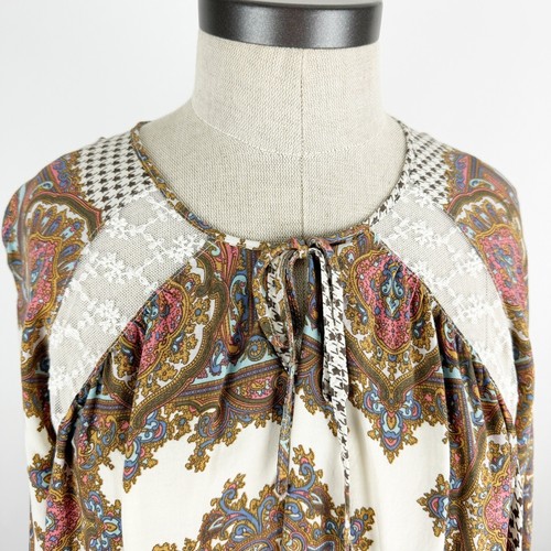 UMGEE Womens Top Size Medium Front Tie Paisley Long Sleeves Beige Brown Blouse - Picture 2 of 13