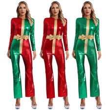 Womens Long Sleeve Bodysuit Xmas Jumpsuit Zipper Costume Shiny Mrs Santa Catsuit