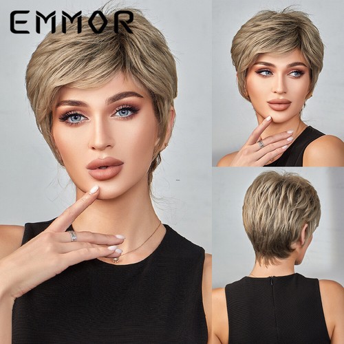 Frauen Farbverlauf Flachs kurz gewellt lockig Cosplay Perücke Jungenschnitt Pixie Haar volle Perücken - Bild 1 von 5