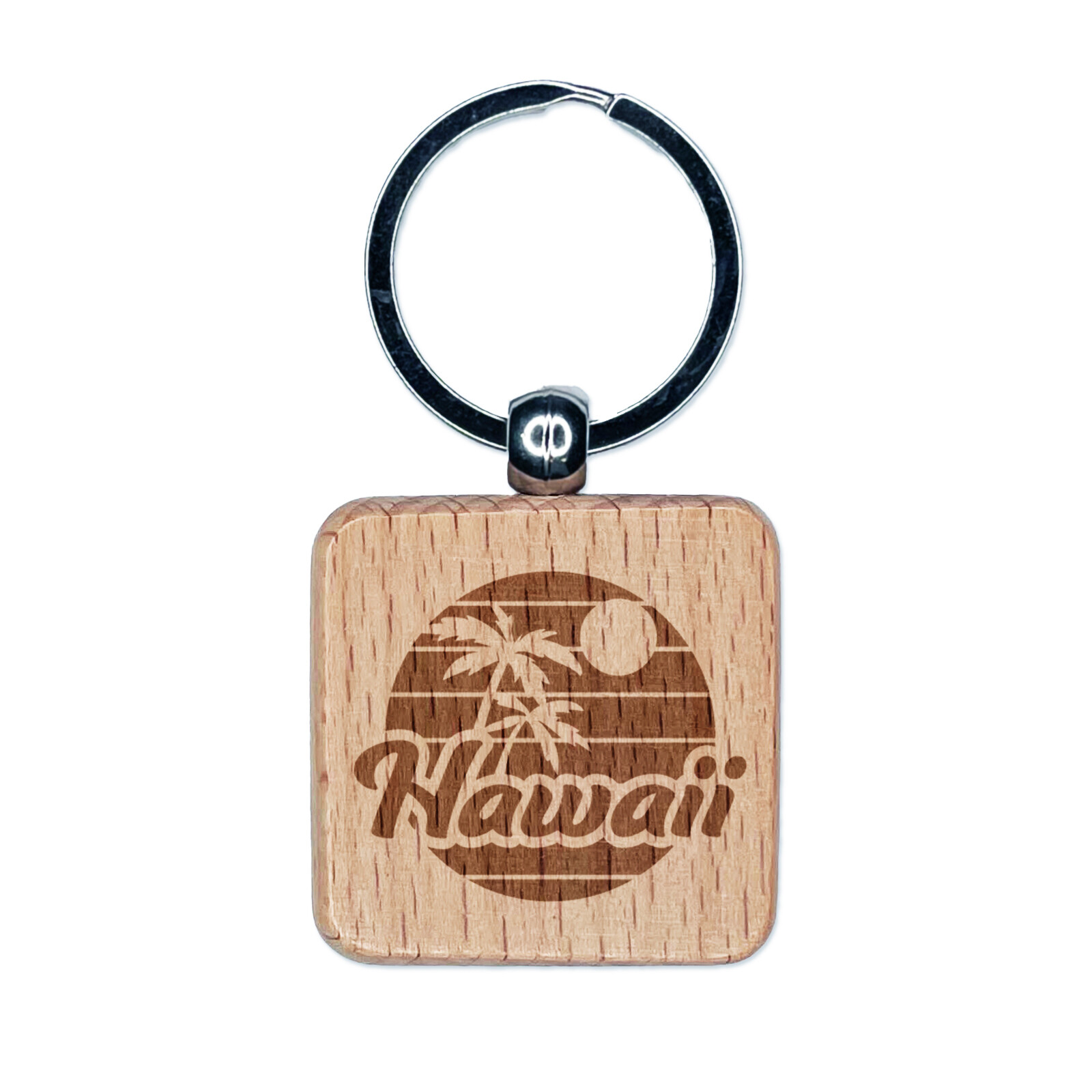 Hawaii Sunset Text with Palm Trees Engraved Wood Square Keychain Tag Charm