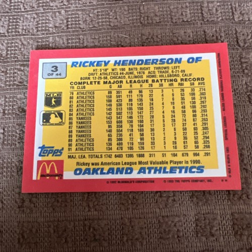1992 Topps McDonald's Limited Edition Baseball's Best #3 Rickey Henderson HOF - Picture 3 of 3