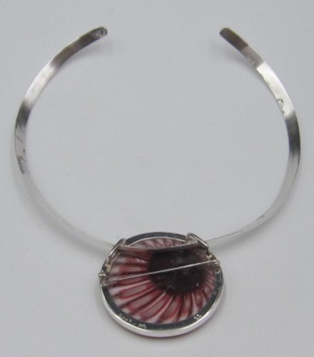 Vintage Sterling Silver Collar Necklace & Lg Round Glass Flower Pendant - Picture 8 of 14