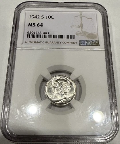 1942-S Mercury Dime Silver 10C Coin NGC MS64 (G32)