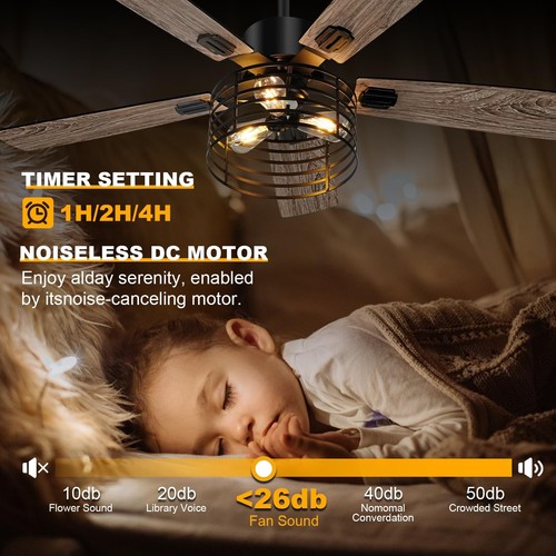 52 Inch Farmhouse Ceiling Fan with Light and Remote,Black Industrial Caged Ce... - Picture 3 of 7