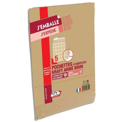 [6722] GPV Paquet de 5 sacs à soufflets kraft armé brun 24 260x330 130g bande... - Photo 1/2